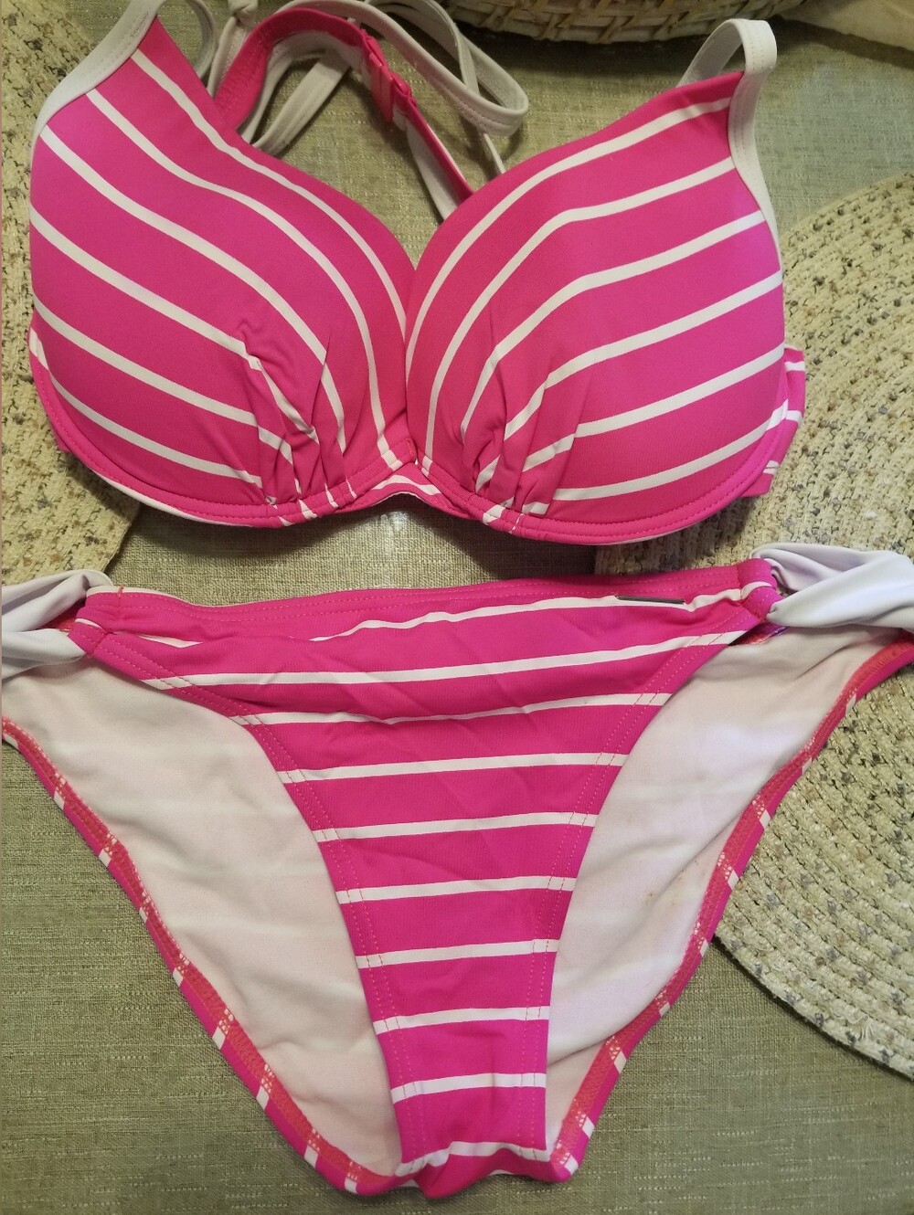 Pink White Stripe Bikini Set, Push Up Top 38 B   Bottom Size 6,  Size Medium